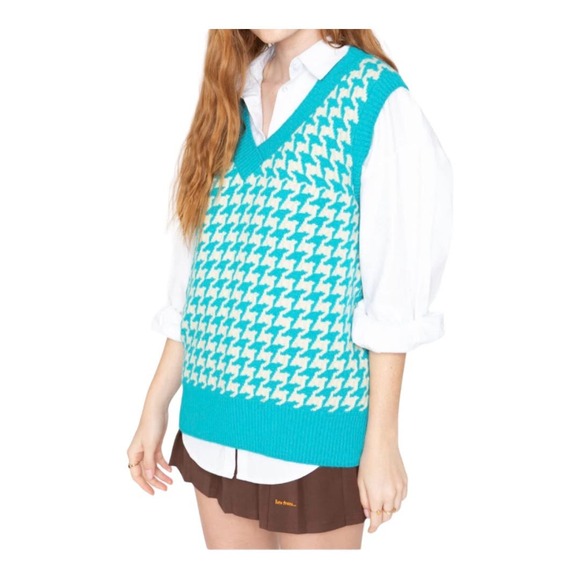 Callahan Knitwear Women's Size Small V Neck Sweater Vest Blue Houndstooth NWT - Picture 1 of 7